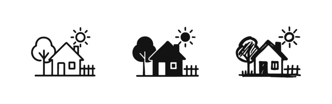 Idyllic Home and Environmental Icon Set - House with Tree and Sun