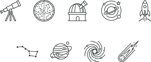 Astronomy and space exploration outline icon set featuring telescope rocket planet galaxy constellation for science education SaaS technology minimal UI vector design. © Aktarul