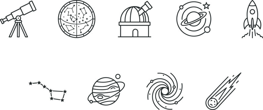 Astronomy and space exploration outline icon set featuring telescope rocket planet galaxy constellation for science education SaaS technology minimal UI vector design.