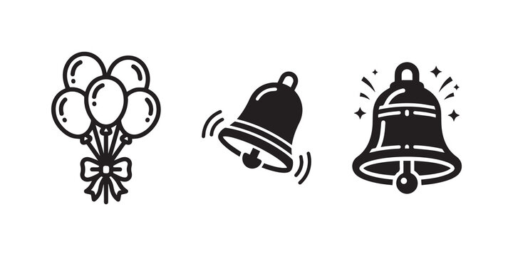 Black and white icons, balloons, bells, celebration symbols, 3 piece set