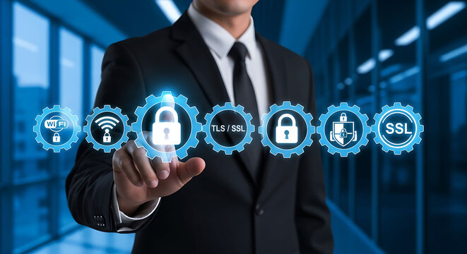 Cyber security professional protecting digital data with SSL encryption and TLS