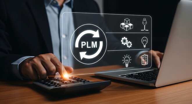 Business professional using PLM software interface for product management