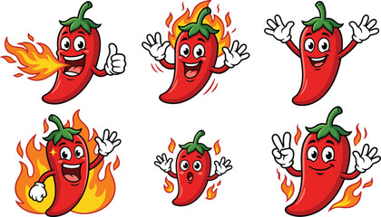 Cute Red Chili Pepper Mascot Characters Set with Fire Flames Breathing Fire Waving and Pointing for Spicy Food Restaurants and Culinary Designs [1] © Lipi