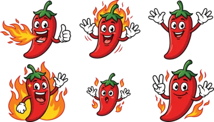 Cute Red Chili Pepper Mascot Characters Set with Fire Flames Breathing Fire Waving and Pointing for Spicy Food Restaurants and Culinary Designs [1] © Lipi