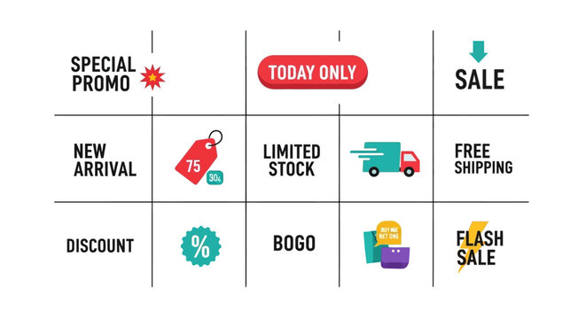 Shopping Discount Icons: Sale, Promo, New Arrival, Free Shipping, BOGO