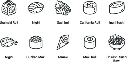 Japanese sushi and sashimi outline icon set featuring uramaki nigiri maki temaki chirashi bowl for restaurant menu food app minimal UI vector design collection. © Aktarul