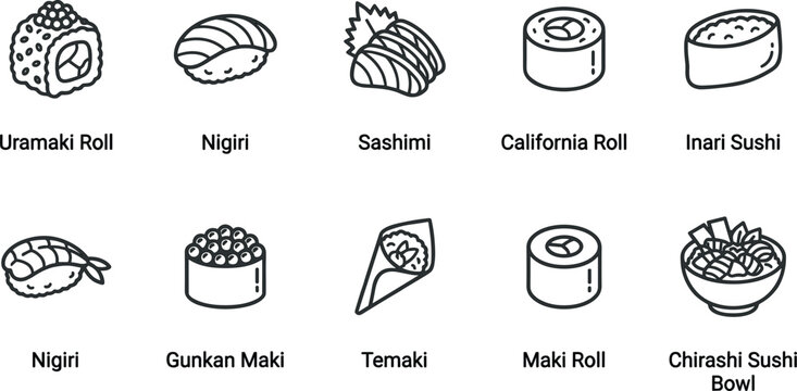 Japanese sushi and sashimi outline icon set featuring uramaki nigiri maki temaki chirashi bowl for restaurant menu food app minimal UI vector design collection.