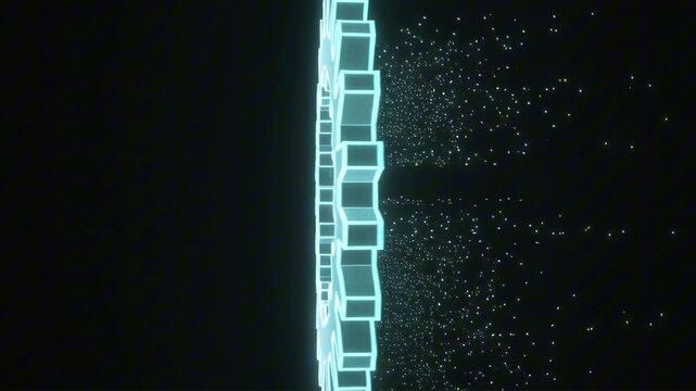 Hologram gear icon of neon cyan line art slowly rotating. Small glowing particles slip from between the evenly spaced teeth and dissolve into the dark background.