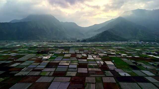 Wide aerial panorama of Sembalun's patchwork farm valley glowing at dawn under misty volcanic mountain peaks. Bukit Selong, Lombok, Indonesia, Lembah Sembalun.