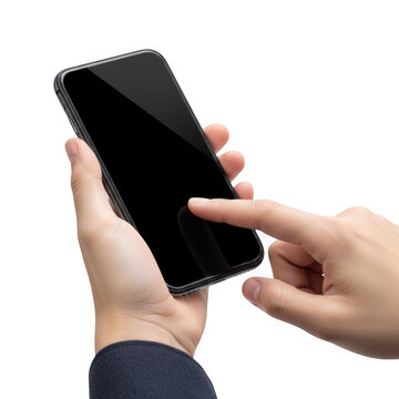 A person holding a smartphone with a blank screen and touching it with their index finger isolated on transparent background