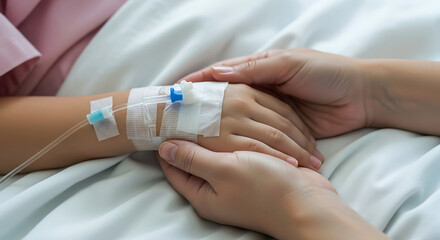 Fototapeta premium Patient Holding Hands With Caregiver In Hospital For Support And Care
