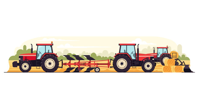 Red tractors working in agricultural field with plow and hay