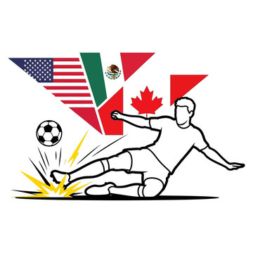 Soccer player kicking ball with USA, Mexico, And Canada flags behind