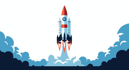 Rocket launch illustration with clouds and sky background © Aku