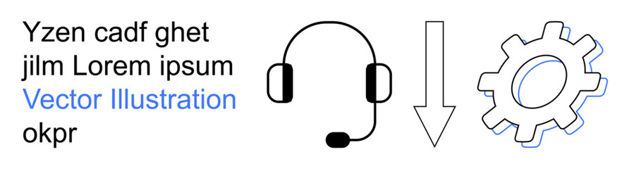 Obraz premium Customer support, innovation, workflow, technology management, communication, problem-solving. Headset, downward arrow and gear illustration. Customer support and workflow concepts