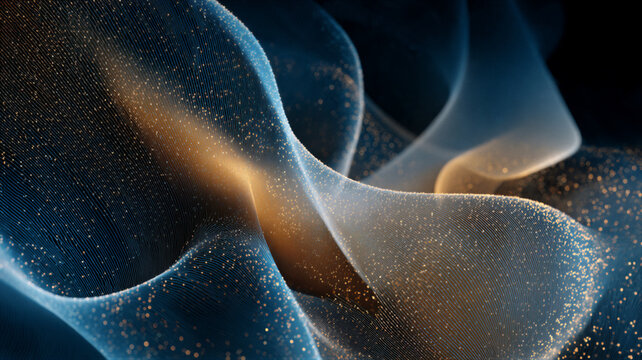 Abstract deep blue and champagne gold digital background with glowing fiber optics and symmetrical 3D network. Clean copy space for tech banners, e-commerce, and corporate web headers.