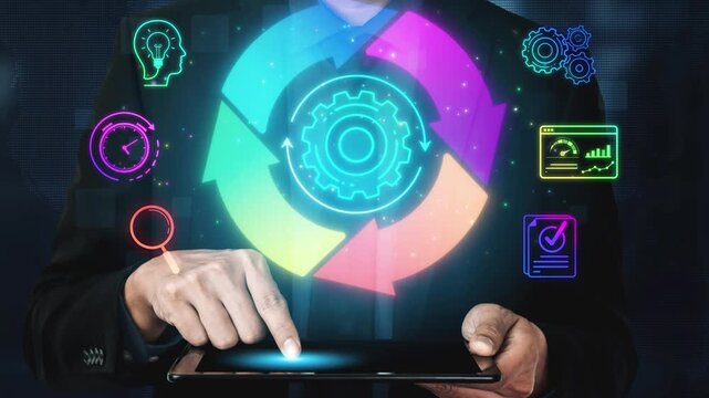 Businessman Using Digital Tablet to Access Innovative Technology Concepts Including Process Optimization and Data Analysis Tools Sigmoid