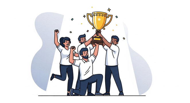 Group of People Celebrating Victory with Trophy.