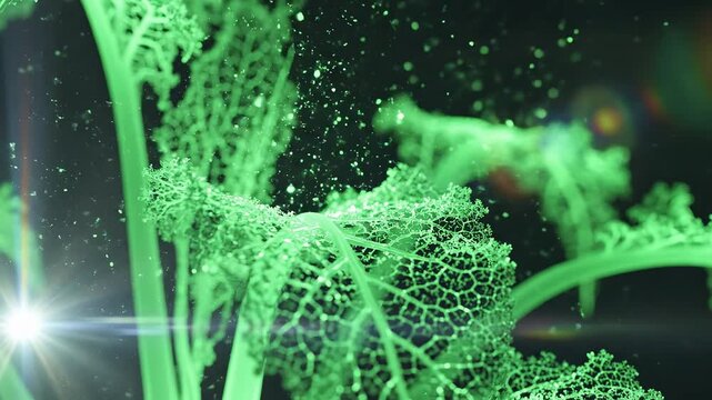 Green leafy plant with intricate veins symbolizing conceptual art and dynamic energy