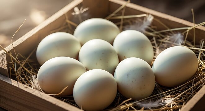 Group of duck eggs with soft sunlight streaming, natural farm concept with warm tones, highlighting fresh organic produce, rustic charm, and wholesome agricultural lifestyle.