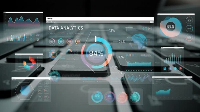 Modern Data Analytics Interface with Colorful Graphs, Charts, and Visual Elements Displayed on a Laptop Keyboard Background Sigmoid