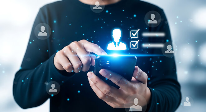 Hands using smartphone with digital profile icons and data visualization on screen