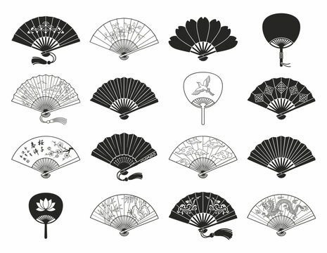 A collection of traditional Asian hand fans, including folding sensu and rigid uchiwa styles, featuring various decorative patterns and designs.