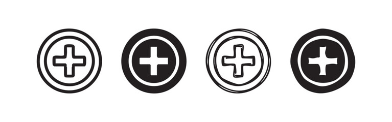 Fototapeta premium Plus Sign Icon Set, Medical Cross Circle in Outline and Silhouette Styles