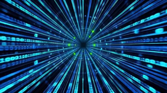 Abstract digital tunnel of blue light beams.