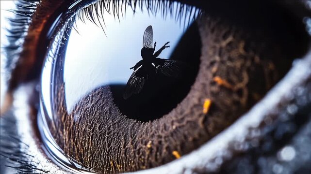 Close-up capturing the intricate details of human eye and fairy's reflection
