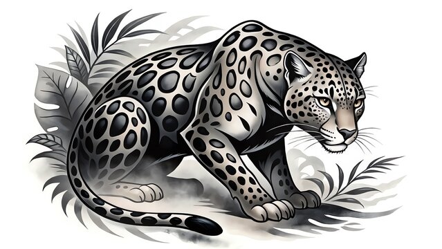 Intricate Tattoo Design of a Crouching Jaguar with Spot Patterns amidst Lush Foliage