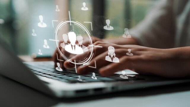 Digital Communication Concept with Hands on Laptop Showing Virtual Network and User Icons to Represent Online Interaction and Connecting People Sigmoid