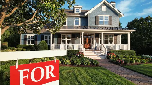 House with for sale sign in front yard ideal for travel vlogs and eco-friendly campaigns