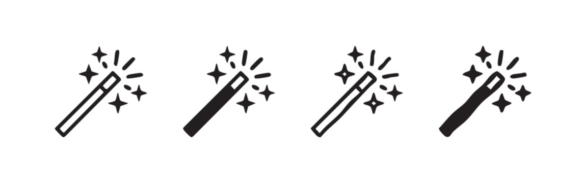 Magic Wand Icon Set with Sparkles - Creative Wizard Tool in Different Design Styles