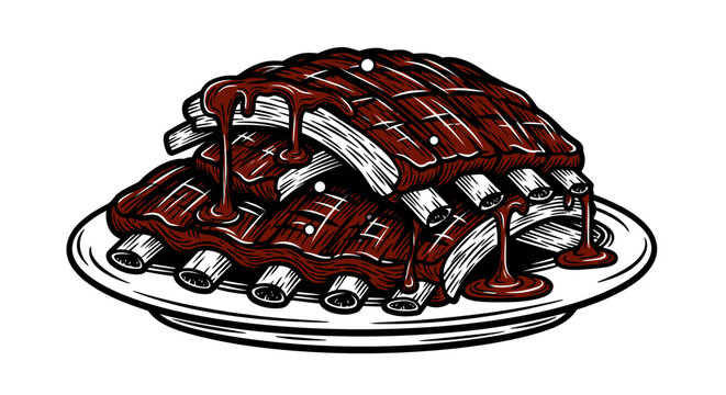 Delicious bbq ribs illustration on plate for culinary and food concepts