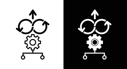 The gear on a cart with circular arrows indicating process and improvement on a white background with a similar gear on a cart on a black background. © Pata