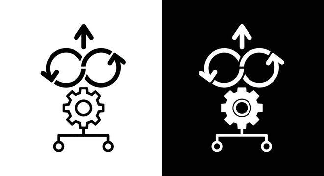 The gear on a cart with circular arrows indicating process and improvement on a white background with a similar gear on a cart on a black background.