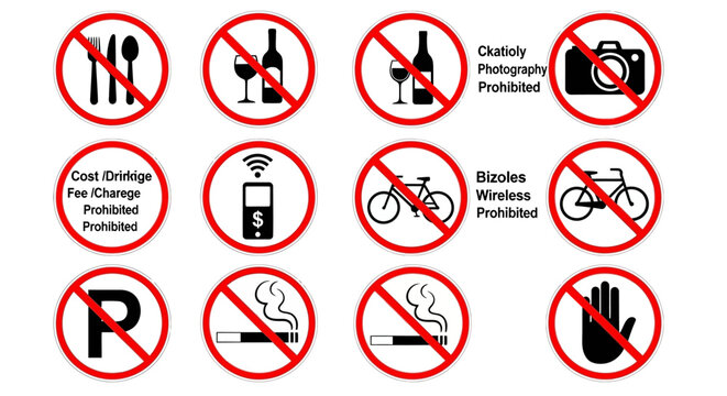Forbidden symbols indicating various prohibited actions are posted on a sign.