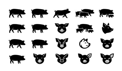 Pig black silhouette icon pack livestock vector design © MdAiyub