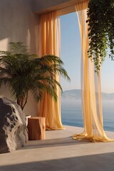 Obraz premium Potted palm beside sheer curtains overlooking calm seaside