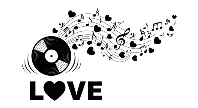 The vinyl record spins love music notes and hearts emerge