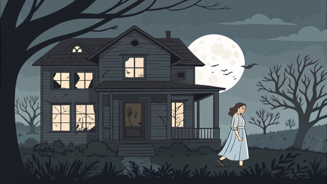 A woman walks towards a spooky old house on a dark and eerie night