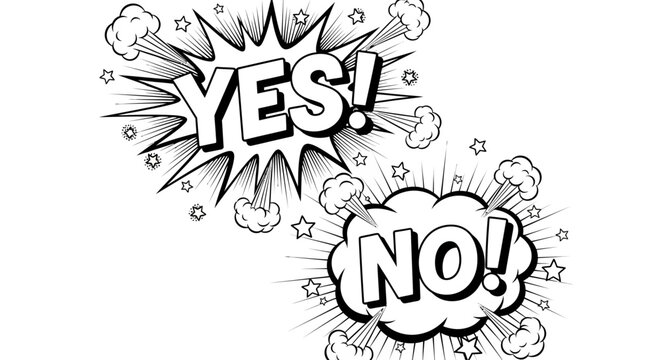 A comic book style illustration of YES and NO speech bubbles surrounded by dynamic graphics and symbols.