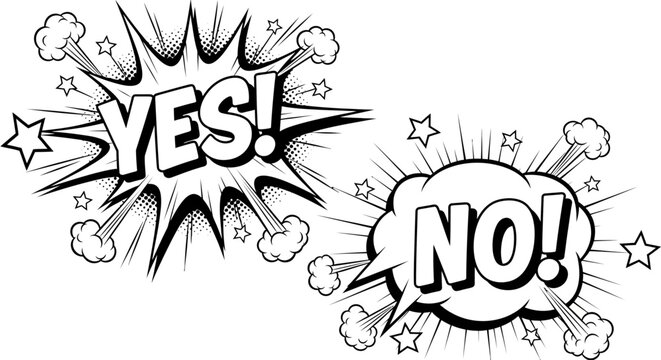 Comic illustration of YES and NO speech bubbles with explosion effects