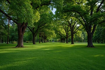 Obraz premium Symmetrical avenue of large trees over expansive grassy lawn
