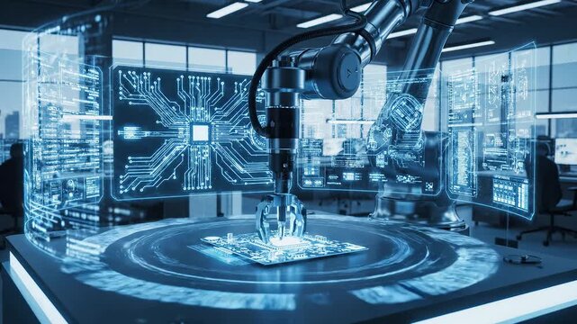 Futuristic robotic workspace with holographic display ideal for tech startups and software promos