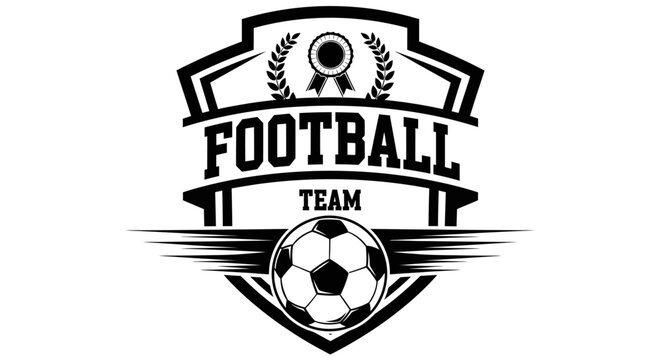 A football team logo features a soccer ball with laurel wreaths and a ribbon on a shield emblem.