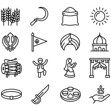 Collection of 16 flat sikh symbols and cultural elements icons outline on white background, including kirpan, Khanda.