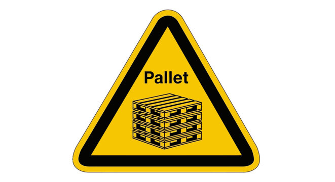 A triangular warning sign displays a pallet stacked with goods in a warehouse setting.