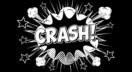 A comic book-style illustration of a CRASH event with explosion sound effects and stars on a black background with white graphics. © Pata